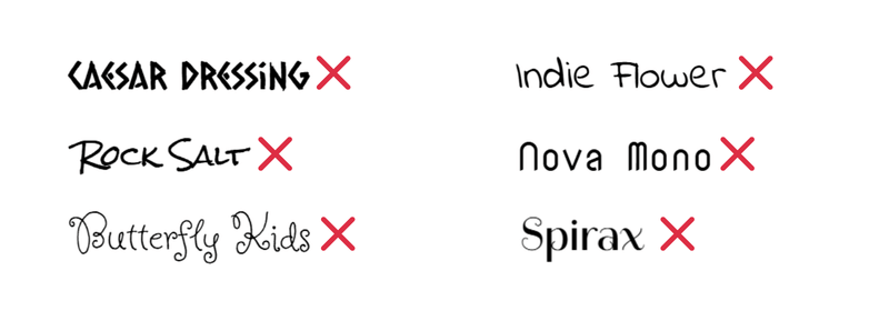 Schlechte Schriftarten für Präsentationen: Caesar Dressing, Butterfly Kids, Indie Flower, Nova Mono, Spirax