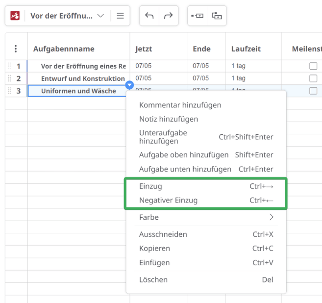 Gantt-Diagramm einrücken Aufgaben ausrücken