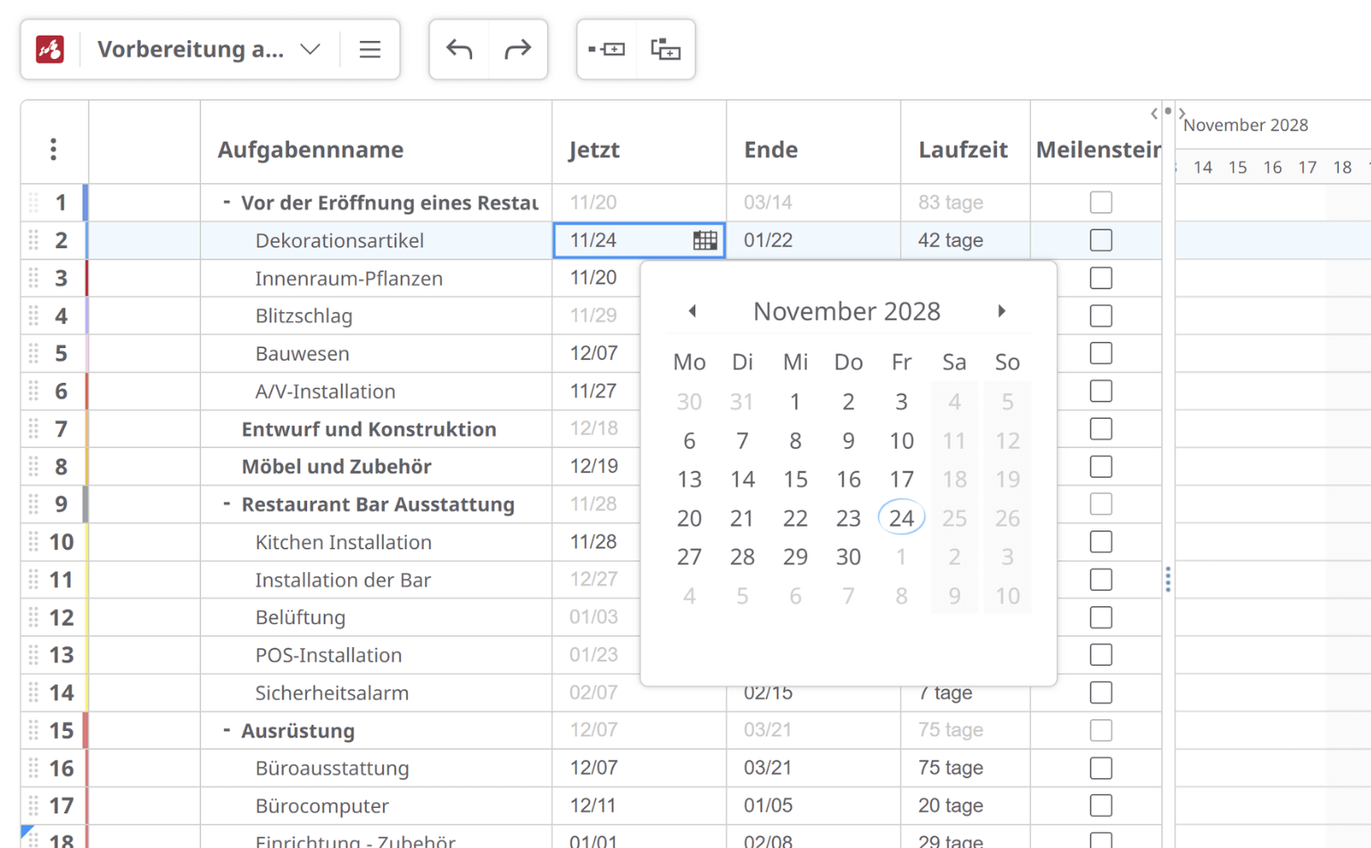 Gantt-Diagramm mit Terminen für jede Aufgabe