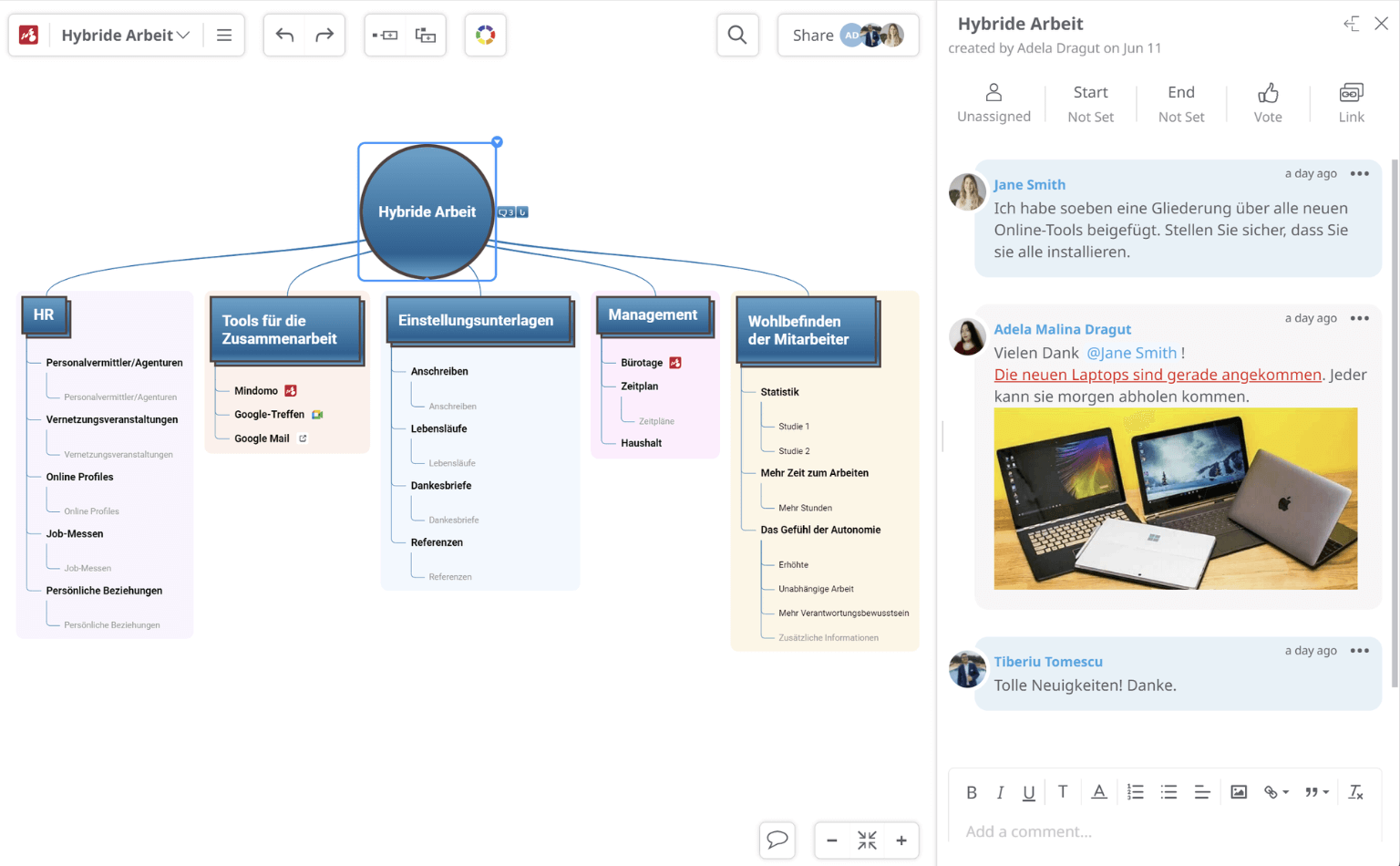 Zusammenarbeit bei der Erstellung von Mindmaps und Zeitplandiagrammen