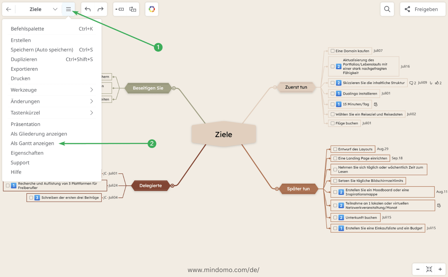 Umwandlung einer Mindmap in ein Gantt-Diagramm