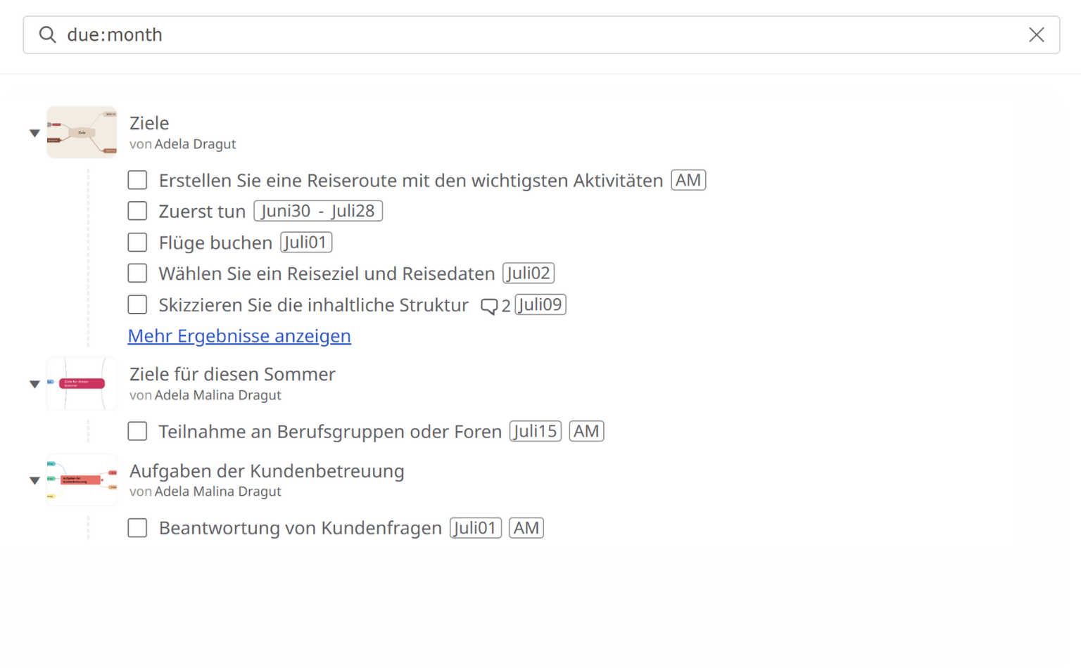 Filtern Sie alle in diesem Monat fälligen Aufgaben aus allen Ihren Mindomo Diagrammen