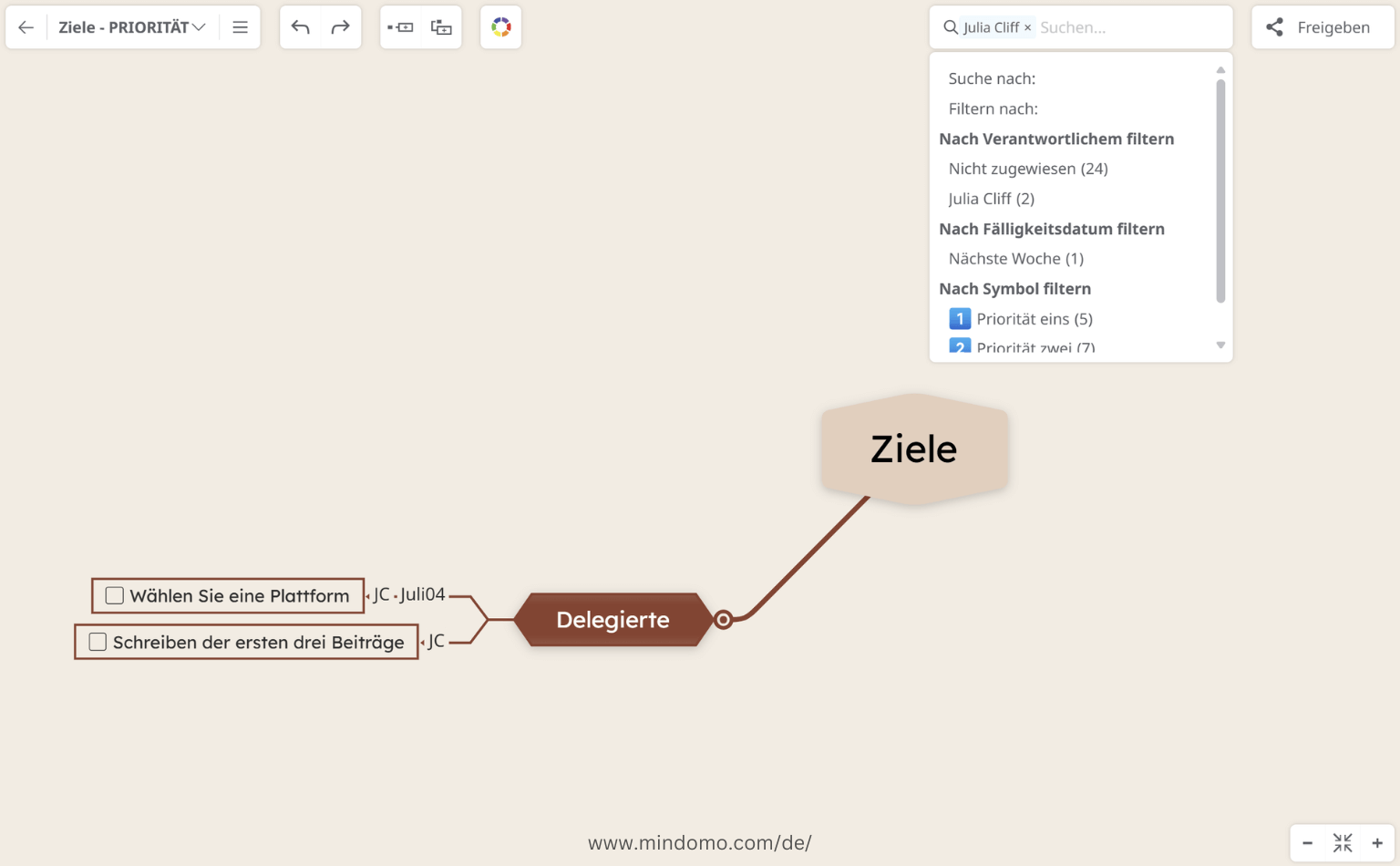 Mindomo Mindmap-Aufgaben anzeigen, die jemandem zugewiesen sind - filtern
