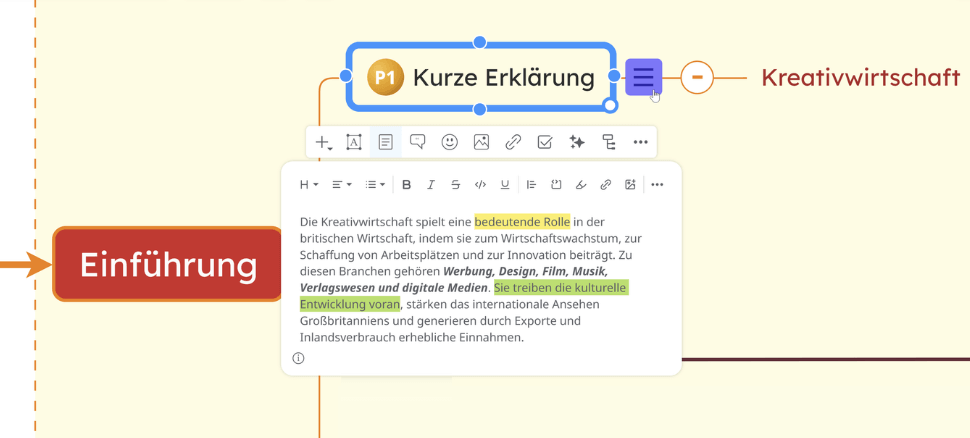 Mindmaps beste Praktiken: detaillierte Informationen in Notizen, nicht in Themen hinzufügen