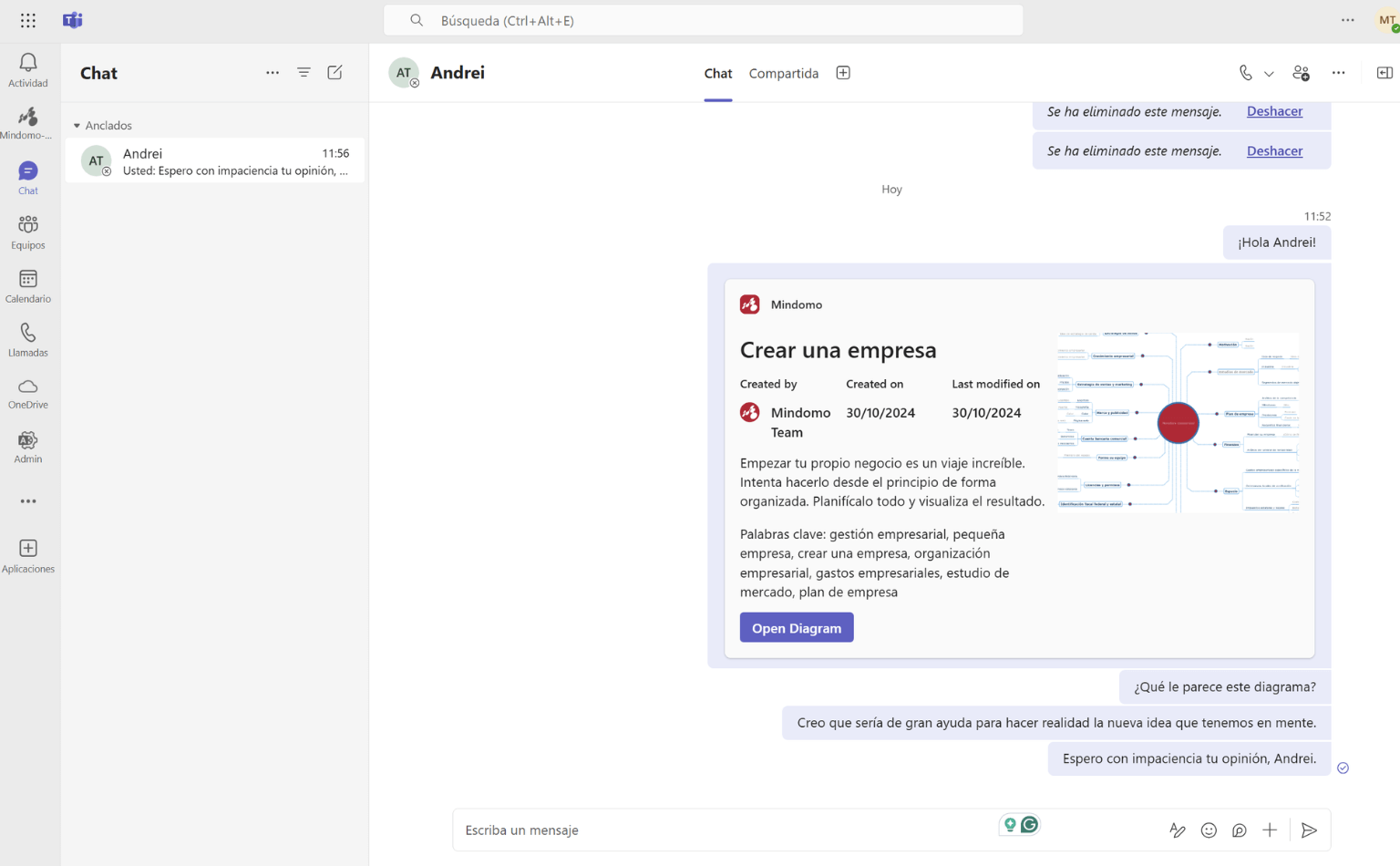 Mindomo para Microsoft Teams en Canal - integración de chat