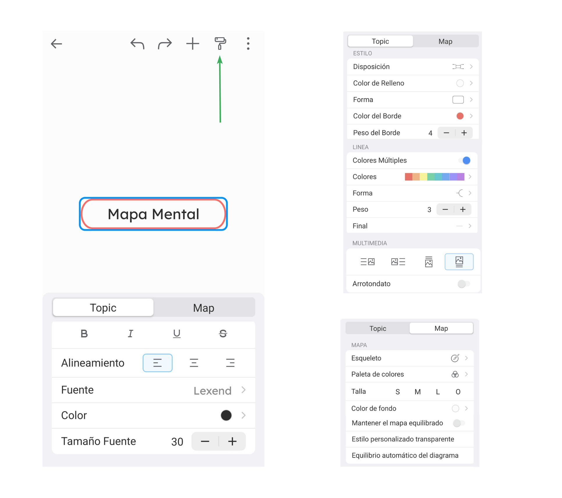 Opciones de personalización de temas de la aplicación de mapas mentales