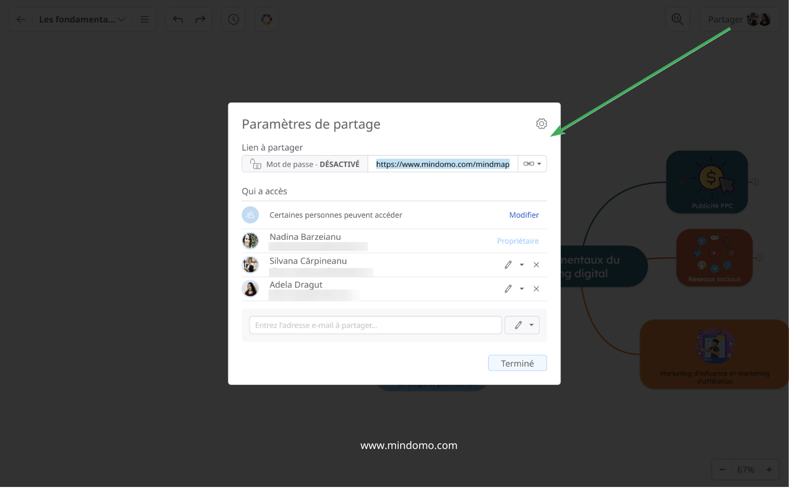 Partagez vos diagrammes Mindomo