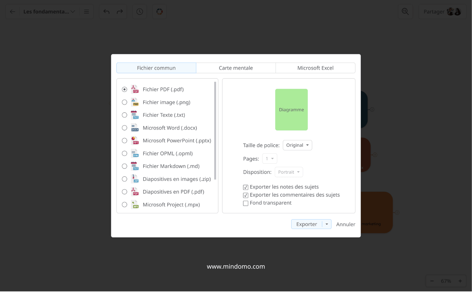 Exporter/Télécharger des cartes mentales en formats PDF, PNG, Powerpoint, Word, Excel, etc.