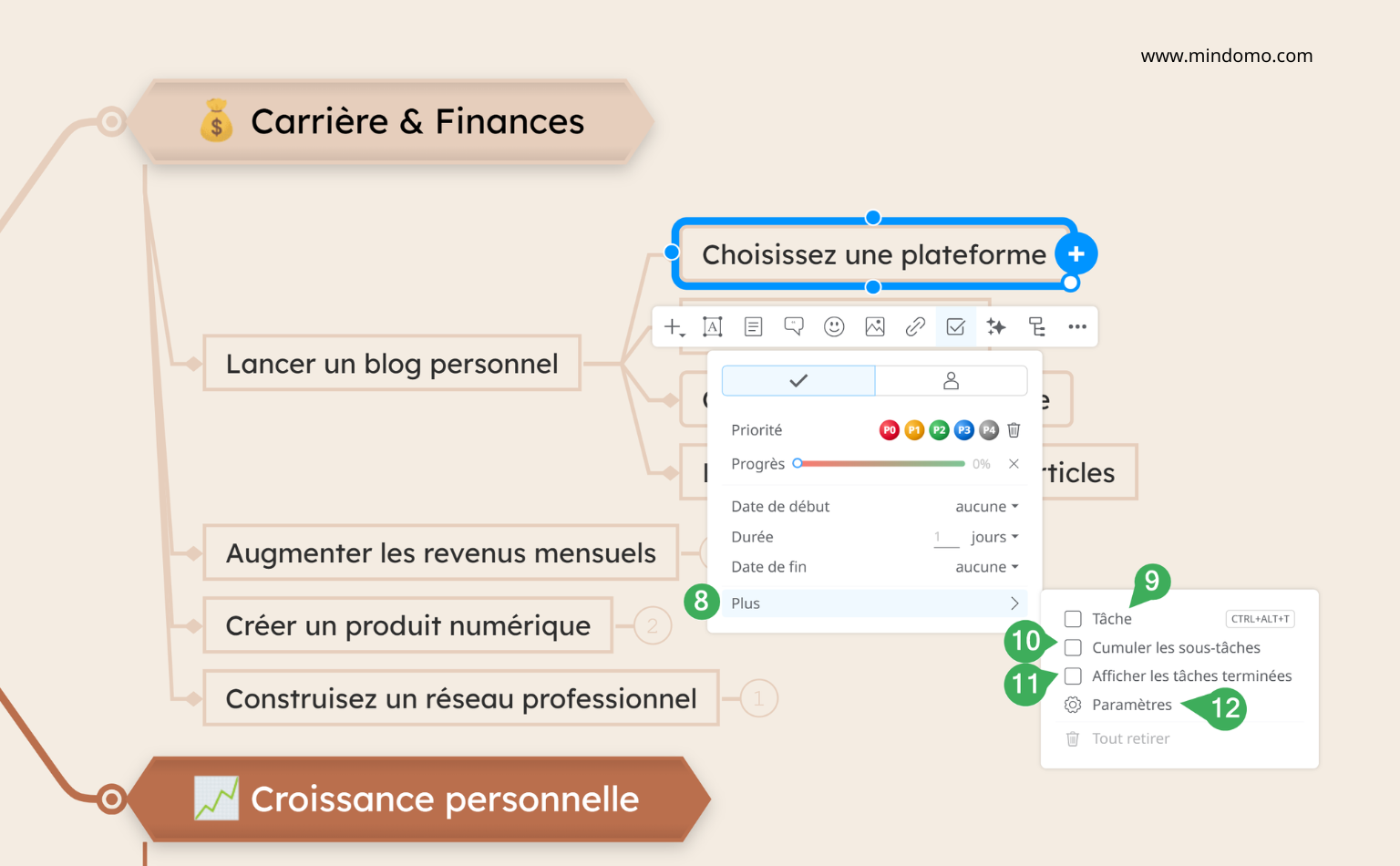 Planifier des tâches dans Mindomo avec plus des options