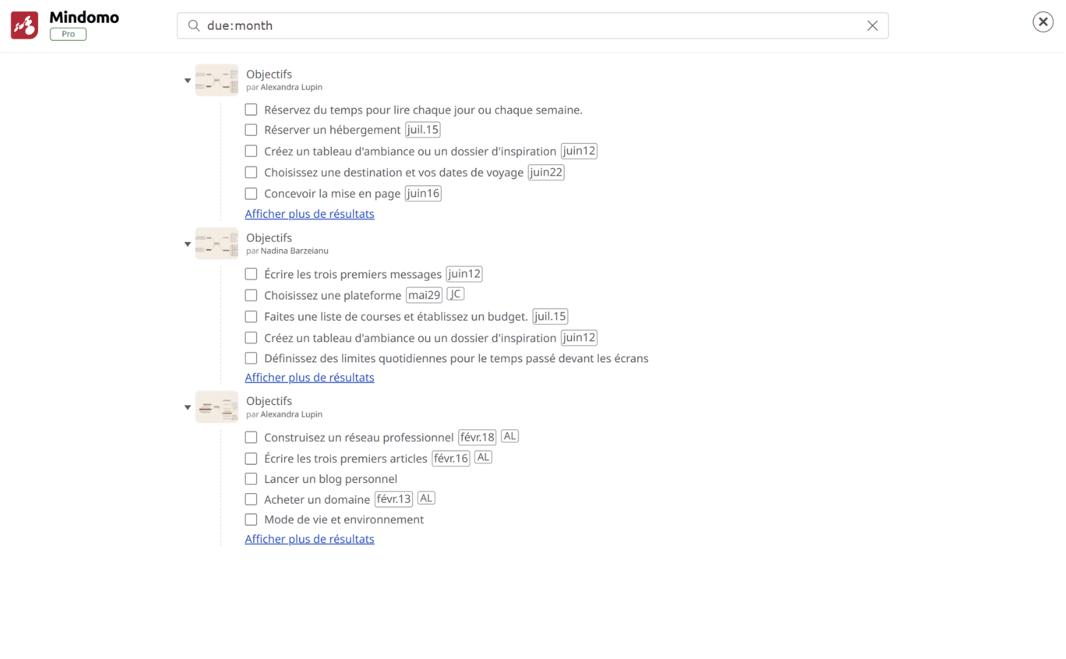 Filtrer toutes les tâches dues ce mois-ci dans tous vos diagrammes Mindomo