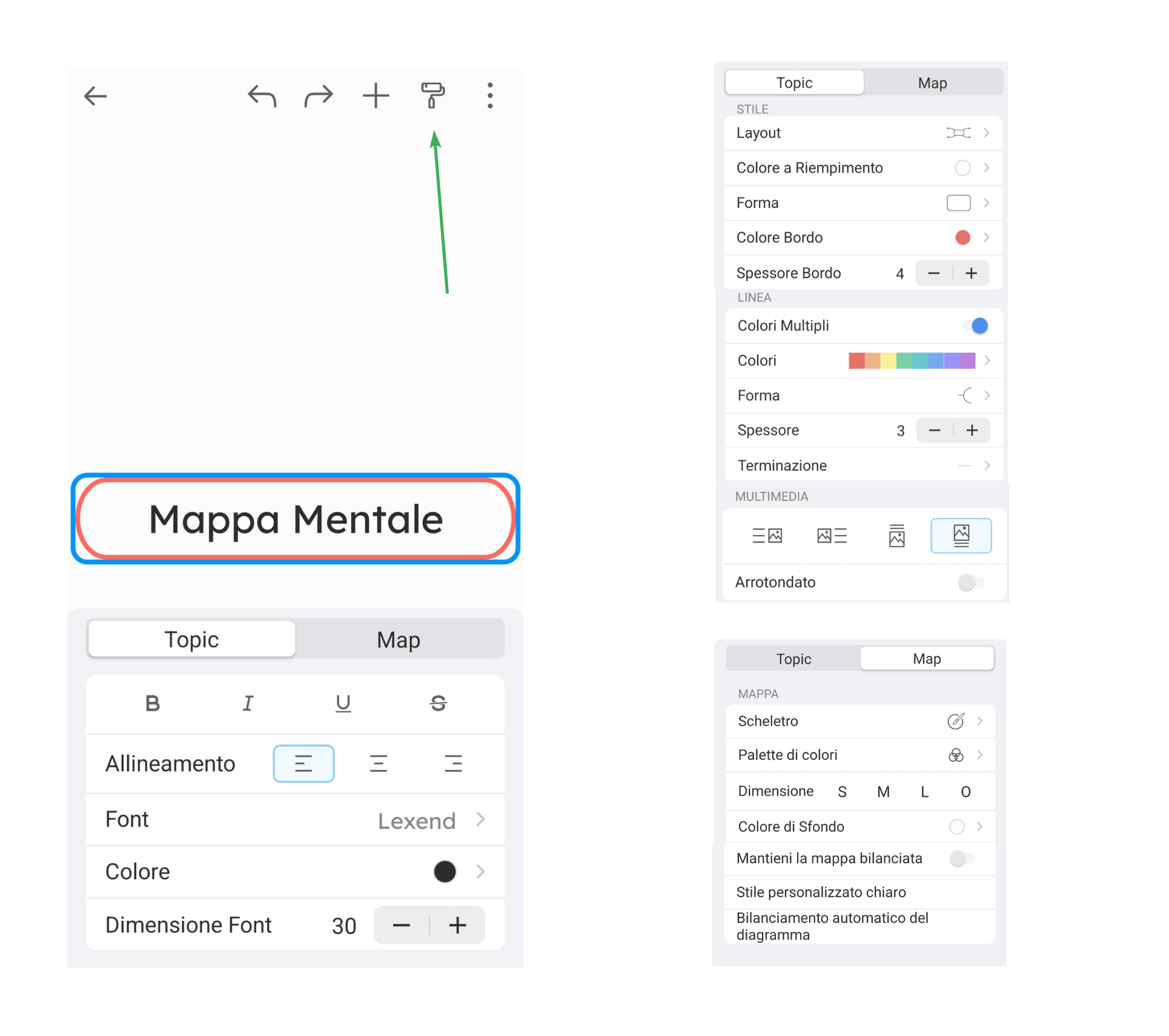 Opzioni di personalizzazione degli argomenti dell'app per mappe mentali