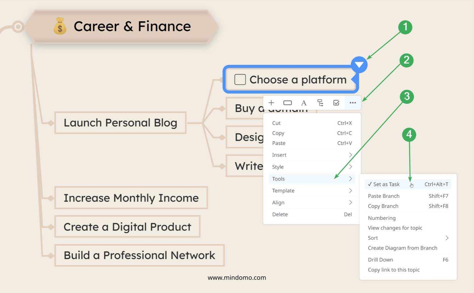 Turn a goal into actionable task in Mindomo