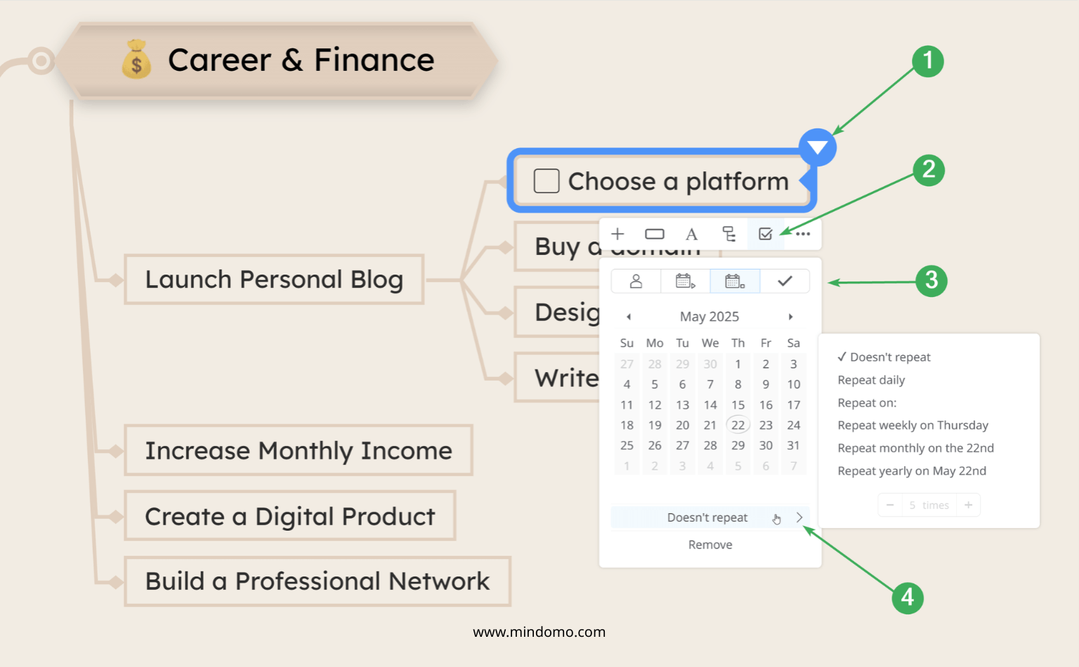 Schedule tasks on Mindomo mind maps