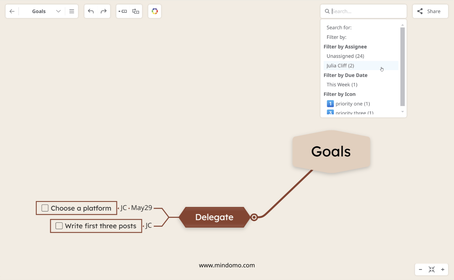 View Mindomo mind map tasks that are assigned to someone - filter