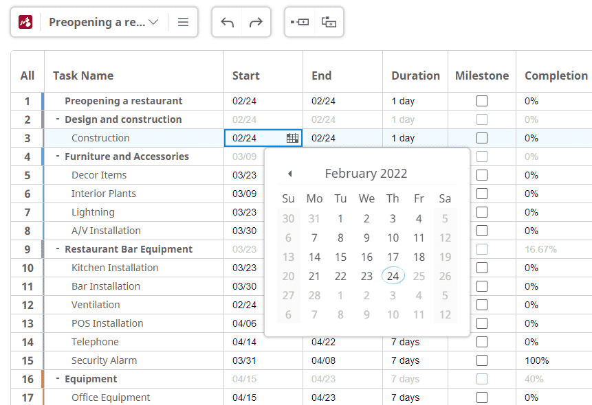 Gantt chart set dates for each task