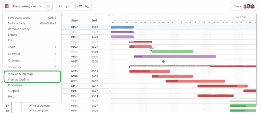 Turn diagrams into Gantt charts and vice-versa