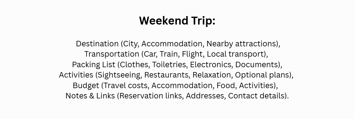 Plain text list of weekend trip planning