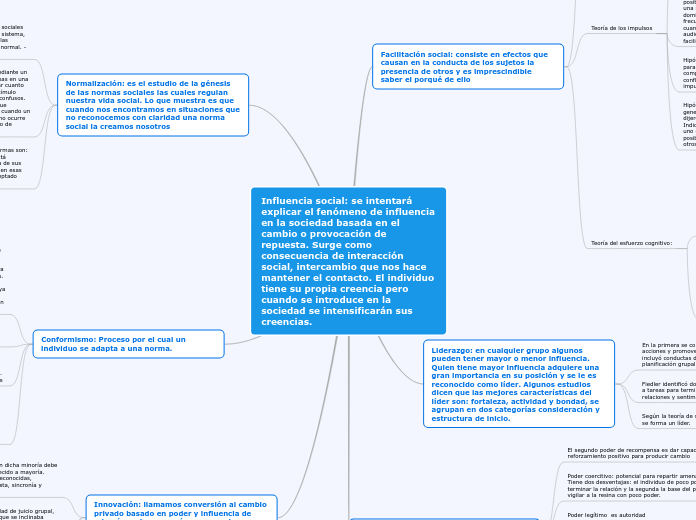 Influencia social: se intentará explicar el fenómeno de influencia  en la sociedad basada en el cambio o provocación de repuesta. Surge como consecuencia de interacción social, intercambio que nos hace mantener el contacto. El individuo tiene su propia creencia pero cuando se introduce en la sociedad se intensificarán sus creencias.