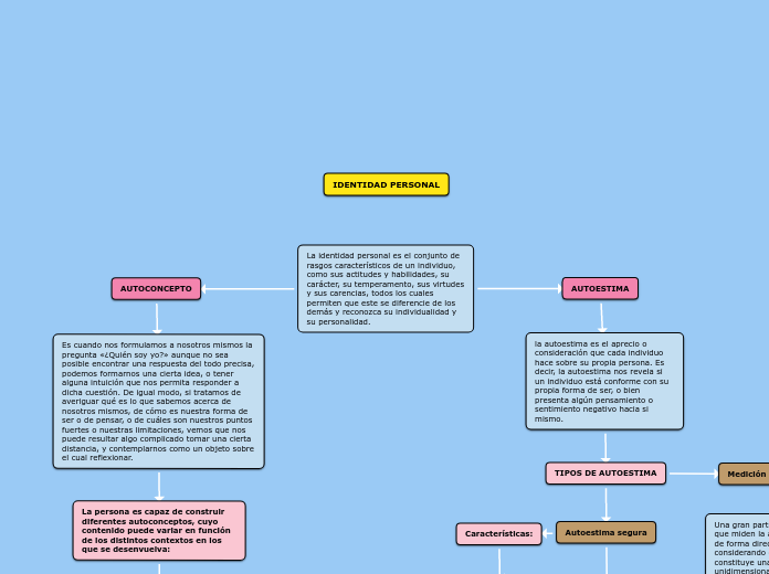 La identidad personal es el conjunto de rasgos característicos de un individuo, como sus actitudes y habilidades, su carácter, su temperamento, sus virtudes y sus carencias, todos los cuales permiten que este se diferencie de los demás y reconozca su i