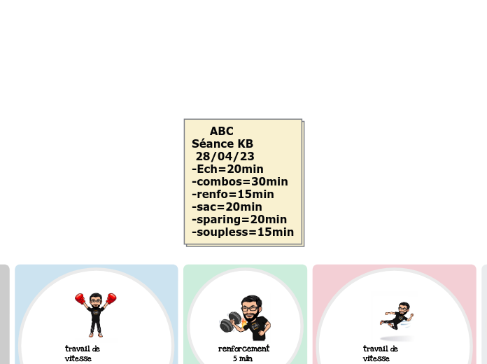      ABC
Séance KB
 28/04/23
-Ech=20min
-combos=30min
-renfo=15min
-sac=20min
-sparing=20min
-soupless=15min