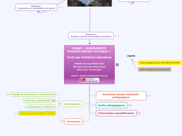 CLIMAT - BIODIVERSITE Comment aborder ces enjeux ? Carte des Initiatives éducativesGRAINE Auvergne-Rhône-AlpesERC-EEDD Auvergne-Rhône-AlpesMise à jour : 20/06/2022contact : noemie.huby@graine-ara.org