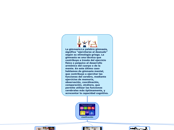 La gimnasia:La palabra gimnasia, significa “ejercitarse al desnudo” según su etimología griega. La gimnasia es una técnica que contribuye a través del ejercicio físico o psíquico al desarrollo armónico del cuerpo o de la mente. En este último caso hablamos de gimnasia mental, que contribuye a ejercitar las funciones del cerebro, mediante ejercicios de memoria, observación, coordinación, comparación, etcétera, que permite utilizar las funciones cerebrales más óptimamente, y acrecentar la capacidad cognitiva.