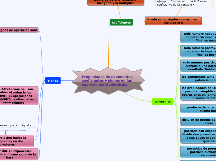 Propiedades de exponentes, coeficientes y signos en las expresiones algebraicas.