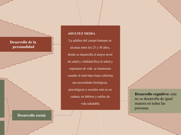 ADULTEZ MEDIA                                        La adultez del cuerpo humano se alcanza entre los 25 y 30 años, donde se desarrolla el mayor nivel de salud y vitalidad.Hoy la salud y esperanza de vida  se mantienen cuando el individuo tiene cubiertas sus necesidades biológicas, psicológicas y sociales esto es en cadena, en hábitos y estilos de vida saludable.