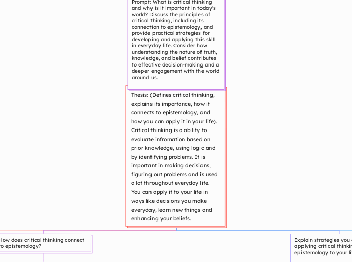 Thesis: (Defines critical thinking, explains its importance, how it connects to epistemology, and how you can apply it in your life).         Critical thinking is a ability to evaluate infromation based on prior knowledge, using logic and by identifying problems. It is important in making decisions, figuring out problems and is used a lot throughout everyday life. You can apply it to your life in ways like decisions you make everyday, learn new things and enhancing your beliefs. 
