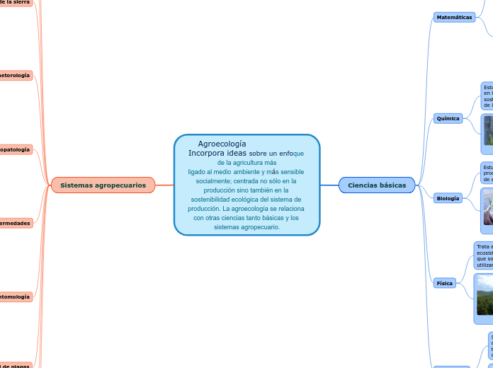 Agroecología                   Incorpora ideas sobre un enfoque de la agricultura más
ligado al medio ambiente y más sensible socialmente; centrada no sólo en la producción sino también en la sostenibilidad ecológica del sistema de producción. La agroecología se relaciona con otras ciencias tanto básicas y los sistemas agropecuario.