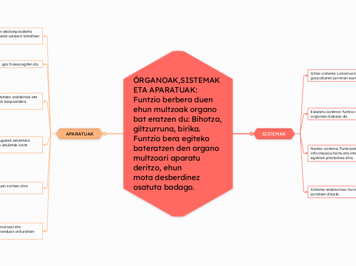 ÓRGANOAK,SISTEMAK ETA APARATUAK: Funtzio berbera duen ehun multzoak organo bat eratzen du: Bihotza, giltzurruna, birika. Funtzio bera egiteko bateratzen den organo multzoari aparatu deritzo, ehun
mota desberdinez osatuta badago.