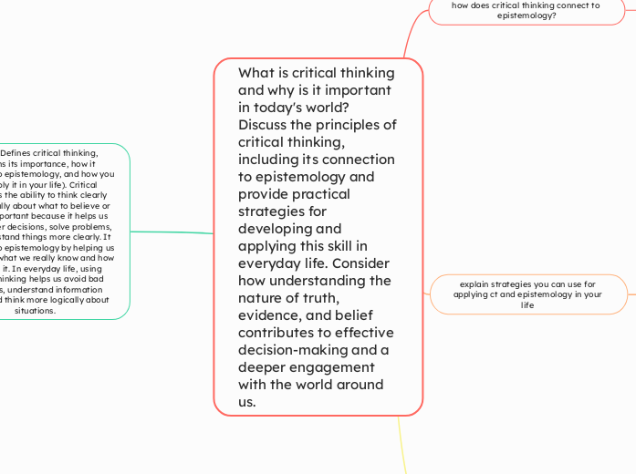 What is critical thinking and why is it important in today's world? Discuss the principles of critical thinking, including its connection to epistemology and provide practical strategies for developing and applying this skill in everyday life. Consider how understanding the nature of truth, evidence, and belief contributes to effective decision-making and a deeper engagement with the world around us. 
