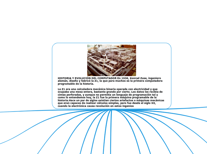 HISTORIA Y EVOLUCIÓN DEL COMPUTADOR En 1936, Konrad Zuse, ingeniero alemán, diseño y fabricó la Z1, la que para muchos es la primera computadora programable de la historia.

La Z1 era una calculadora mecánica binaria operada con electricidad y que ocupaba una mesa entera, bastante grande por cierto. Los datos los recibía de cintas perforadas, y aunque no permitía un lenguaje de programación tal y como lo entendemos hoy, la Z1 fue la primera máquina programable de la historia.Hace un par de siglos existían ciertos artefactos o máquinas mecánicas que eran capaces de realizar cálculos simples, pero fue desde el siglo XX, cuando la electrónica causa revolución en estos ingenios